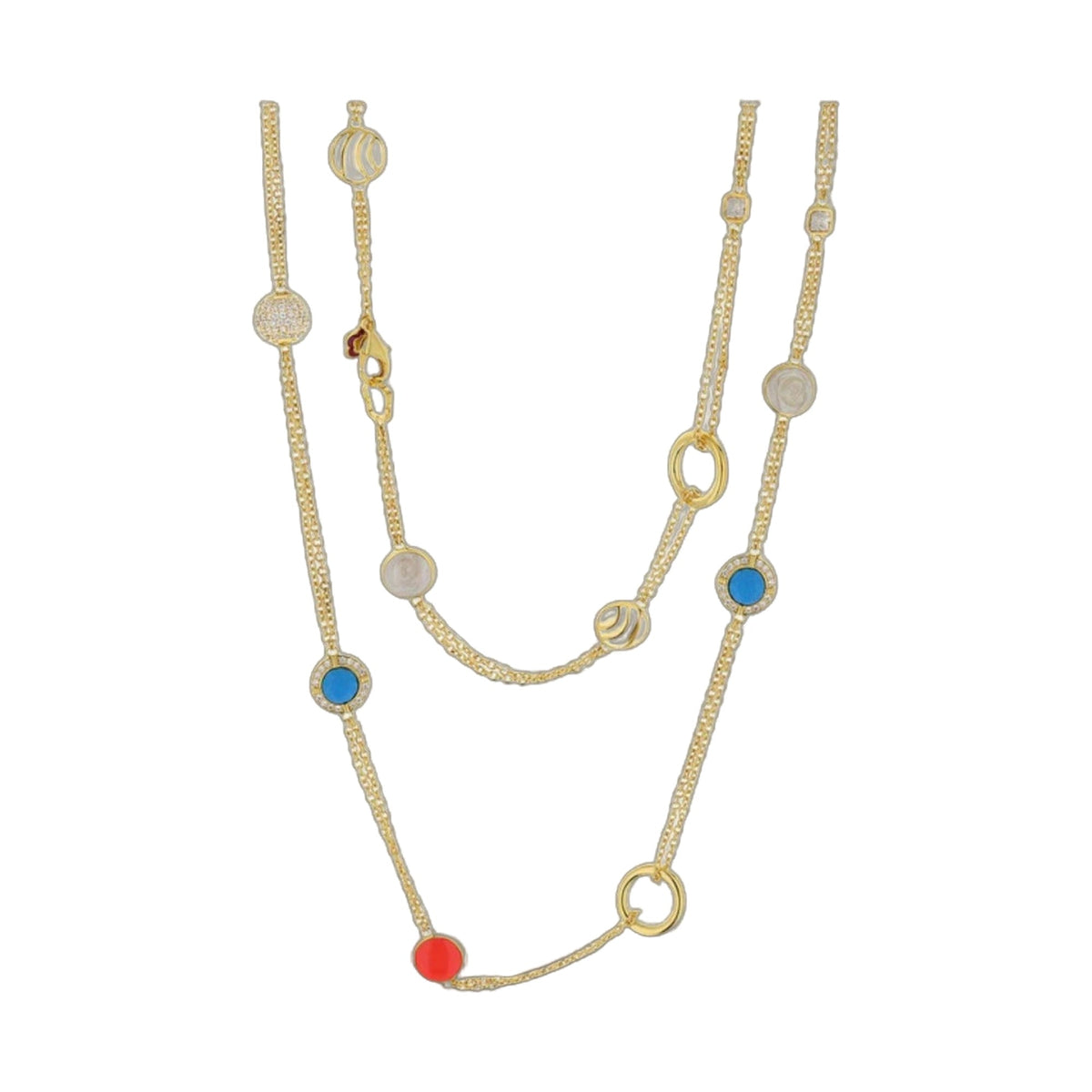 Caribbean Waters long necklace with gold-tone chain and colorful round pendants on Tampa Home & Garden Store
