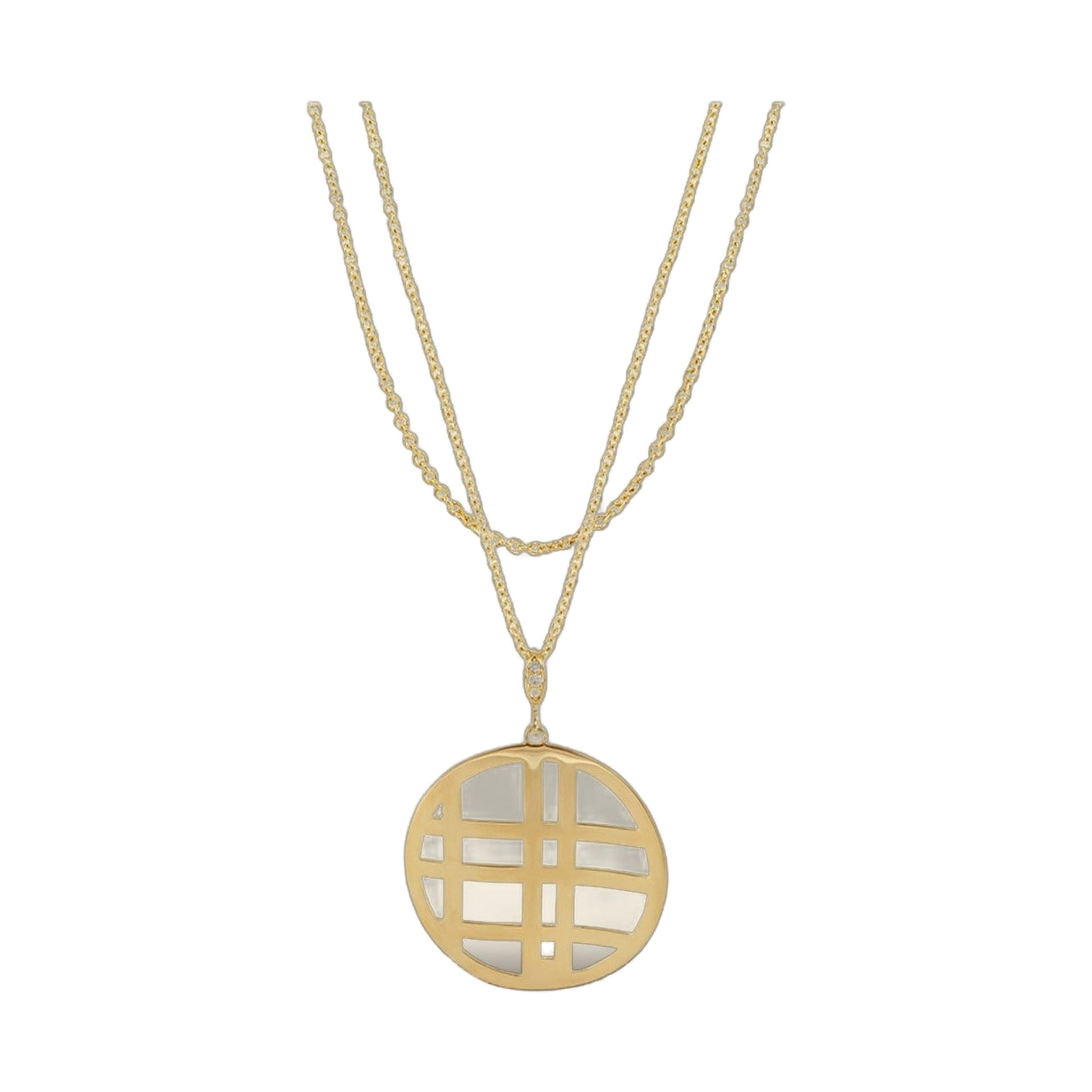 Stamped With Love Grid necklace, gold-tone layered chains with a round grid pendant on Tampa Home & Garden Store