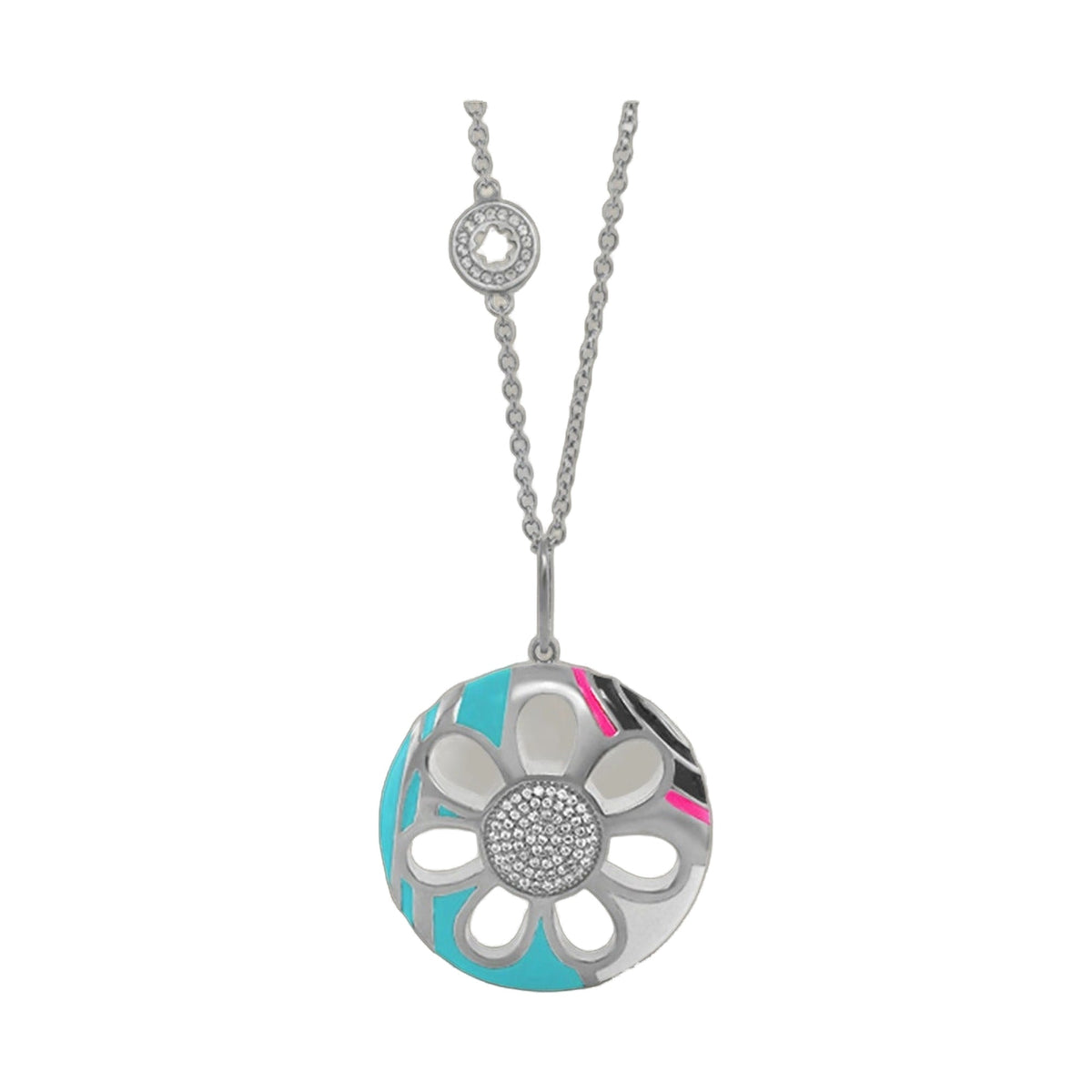 Daisy Dreams Necklace with silver chain and turquoise pink enamel pendant with crystals on Tampa Home & Garden Store
