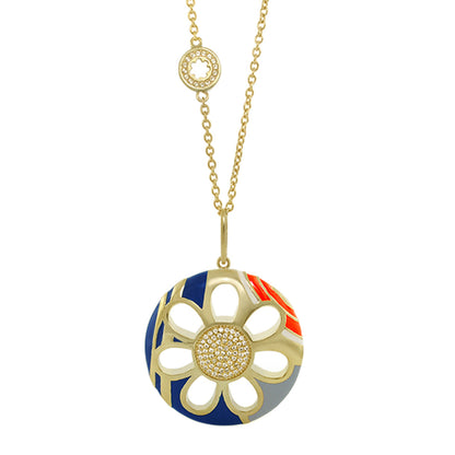 Daisy Dreams Necklace, gold-tone daisy pendant with crystal center and blue enamel on Tampa Home & Garden Store