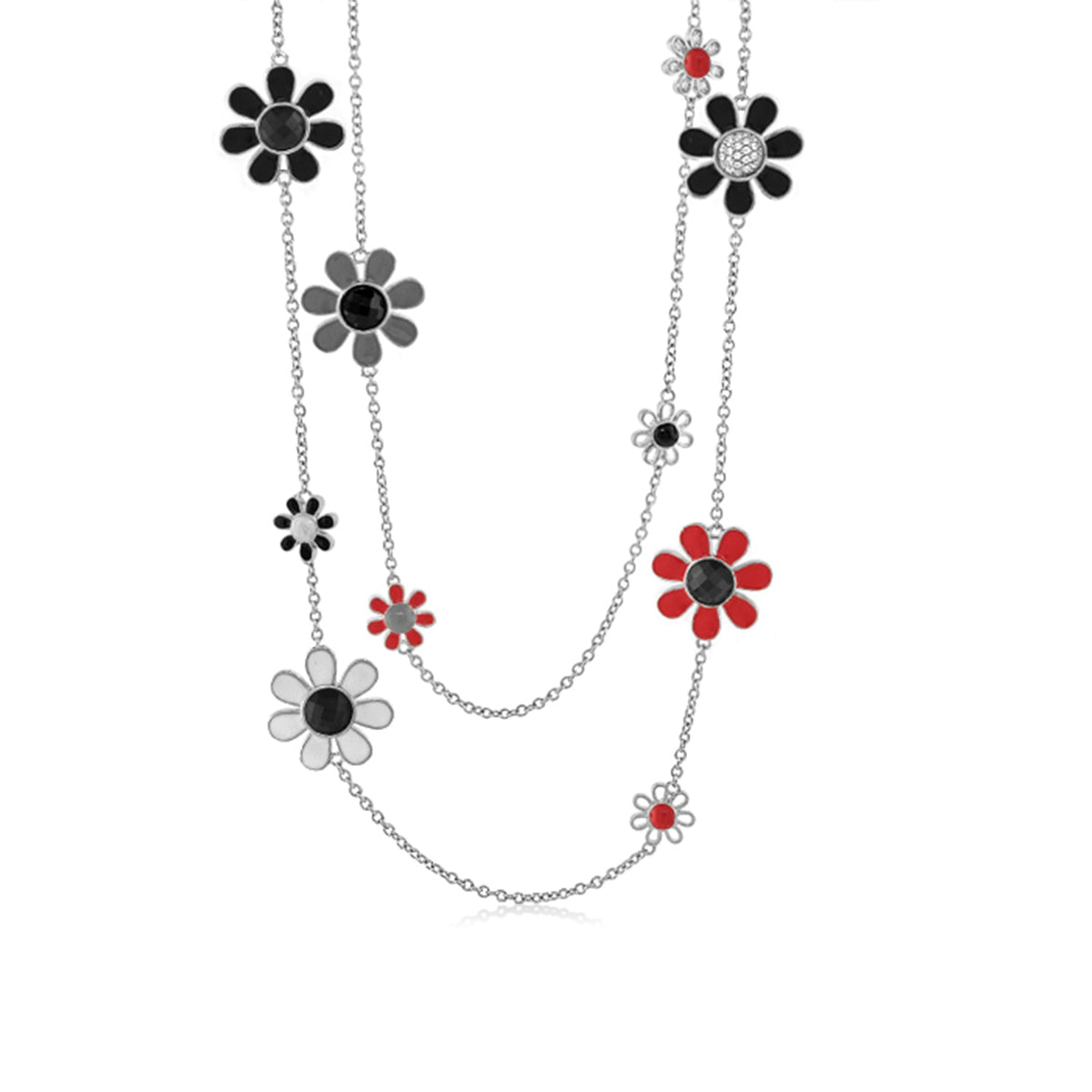 Daisy Dreams Necklace by Lauren G Adams, silver chain with black white gray red enamel daisies on Tampa Home & Garden Store