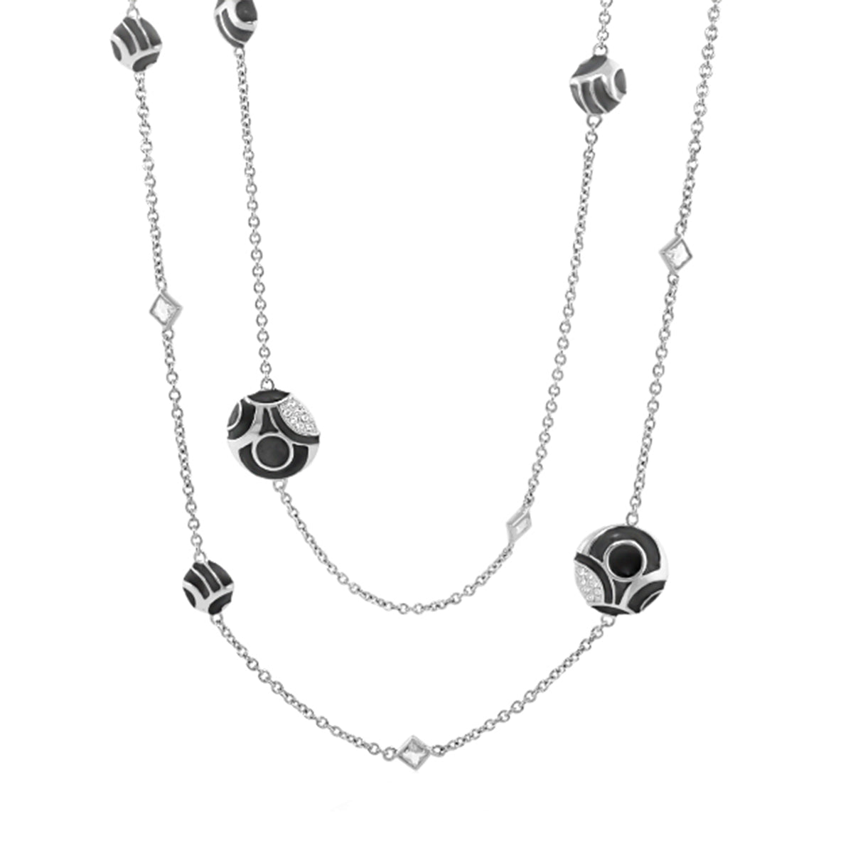 Magic 8 Necklace by Lauren G Adams, long silver chain with black and white patterned beads on Tampa Home & Garden Store