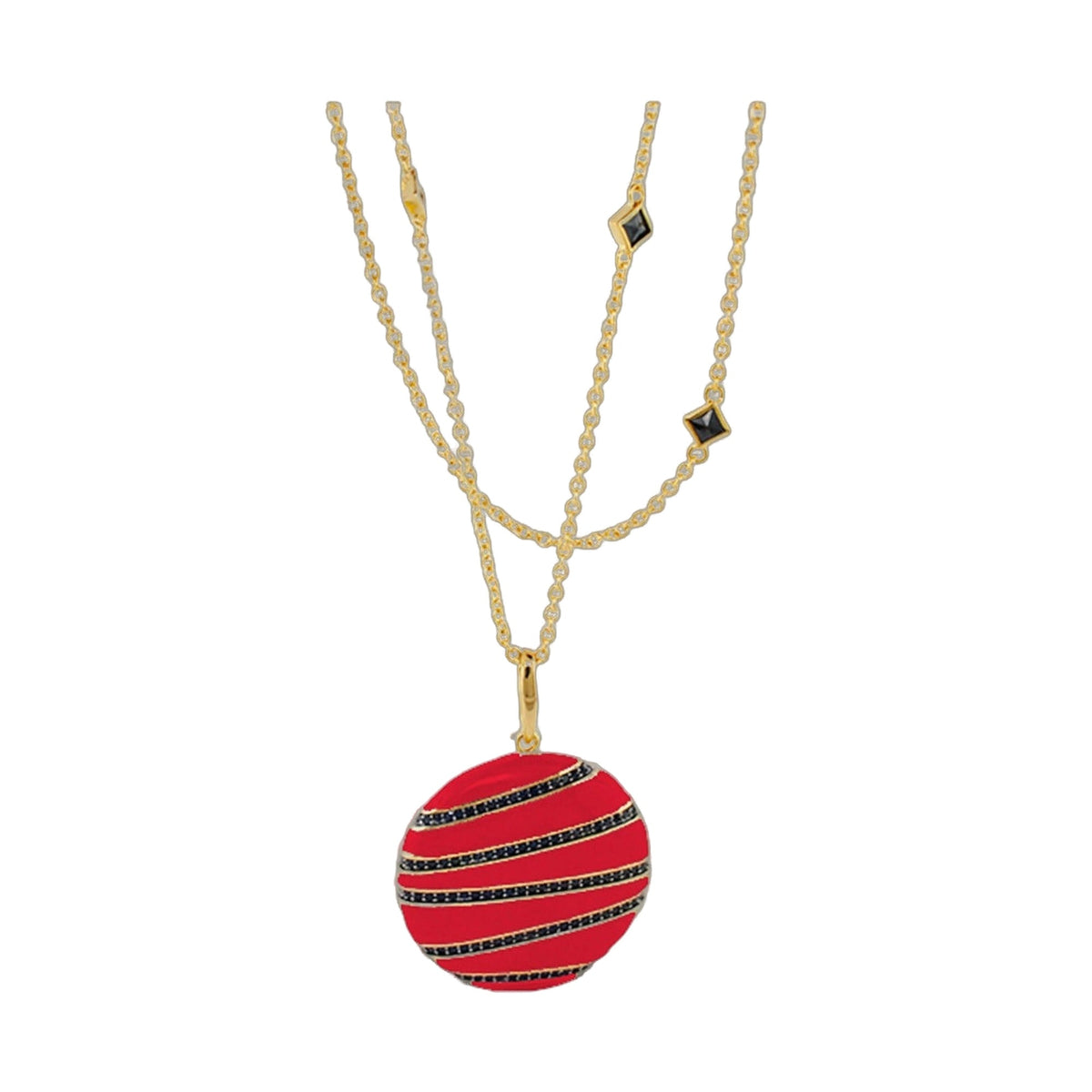 Earth Wind and Fire Necklace set with gold-tone chains and a red striped ornament pendant on Tampa Home & Garden Store