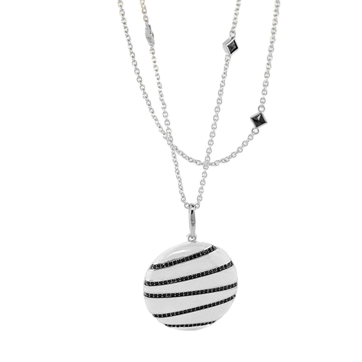 Earth Wind and Fire Necklace Lauren G Adams, silver layered chains and striped globe pendant on Tampa Home & Garden Store