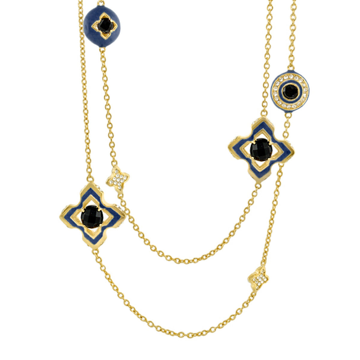 Starry Nights Necklace gold-tone chain with blue enamel quatrefoils and black stones on Tampa Home & Garden Store