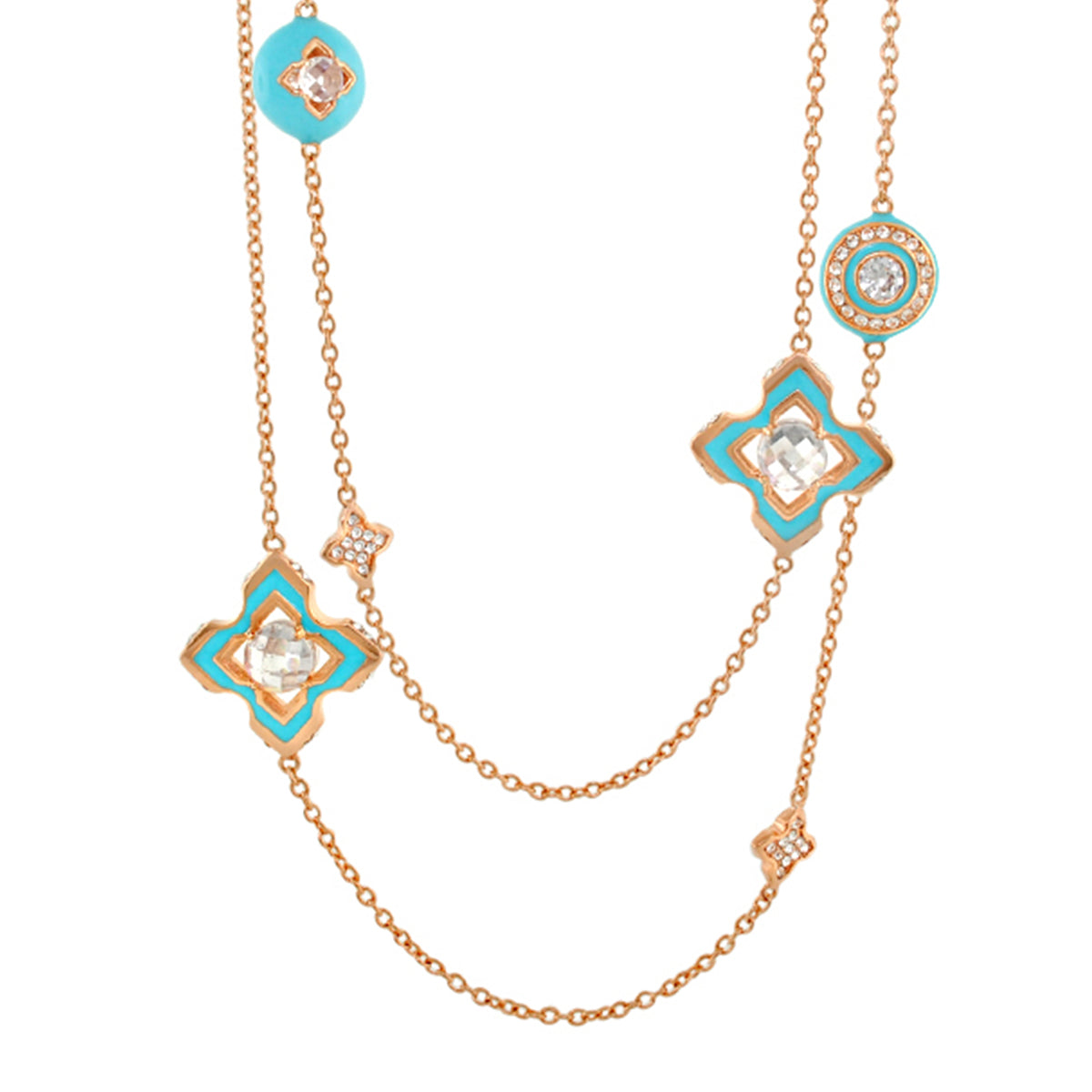 Starry Nights Necklace by Lauren G Adams, long rose gold chain with turquoise enamel charms on Tampa Home & Garden Store