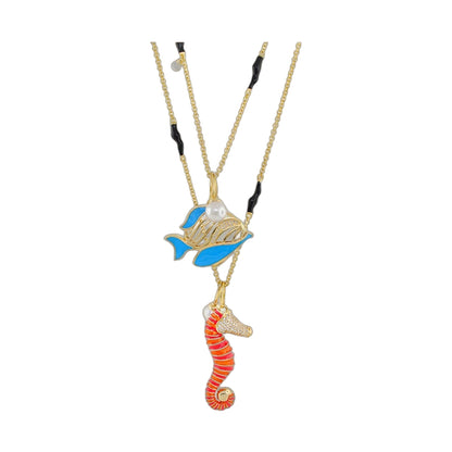 Eau Fish & Seahorse Necklace, gold chain with enamel fish pendant and pearl by Lauren G Adams on Tampa Home & Garden Store