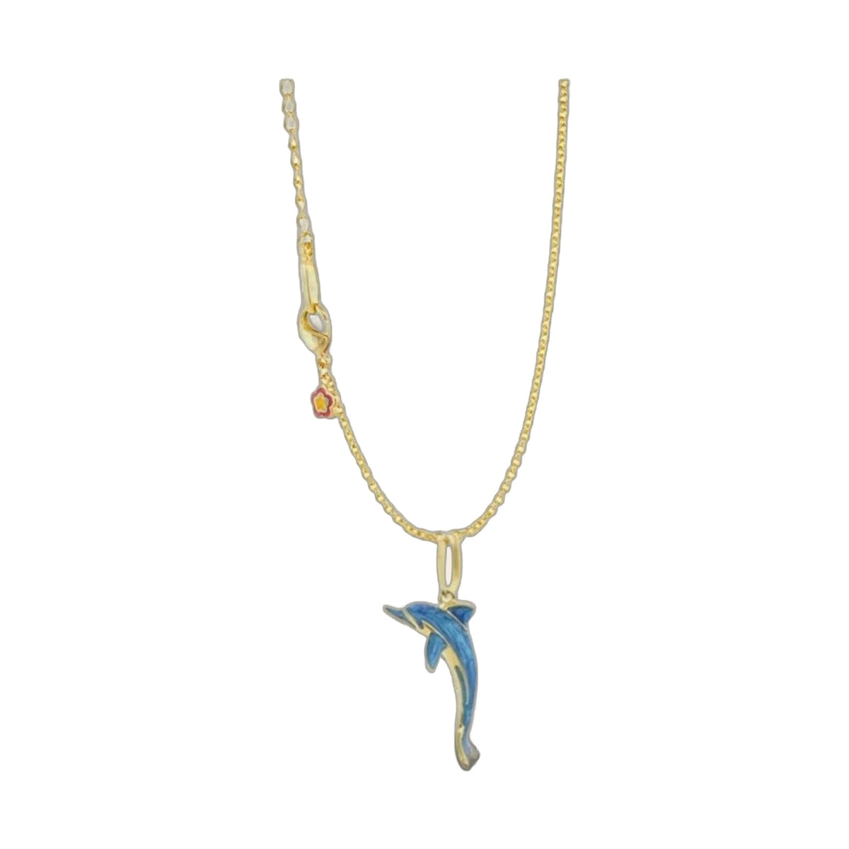 Eau Dolphin Necklace gold-tone chain with blue enamel dolphin pendant and pink flower accent on Tampa Home & Garden Store