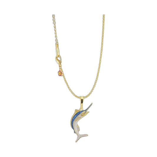 Aloha Marlin Pendant Necklace by Lauren G Adams, gold chain, blue enamel marlin pendant on Tampa Home & Garden Store