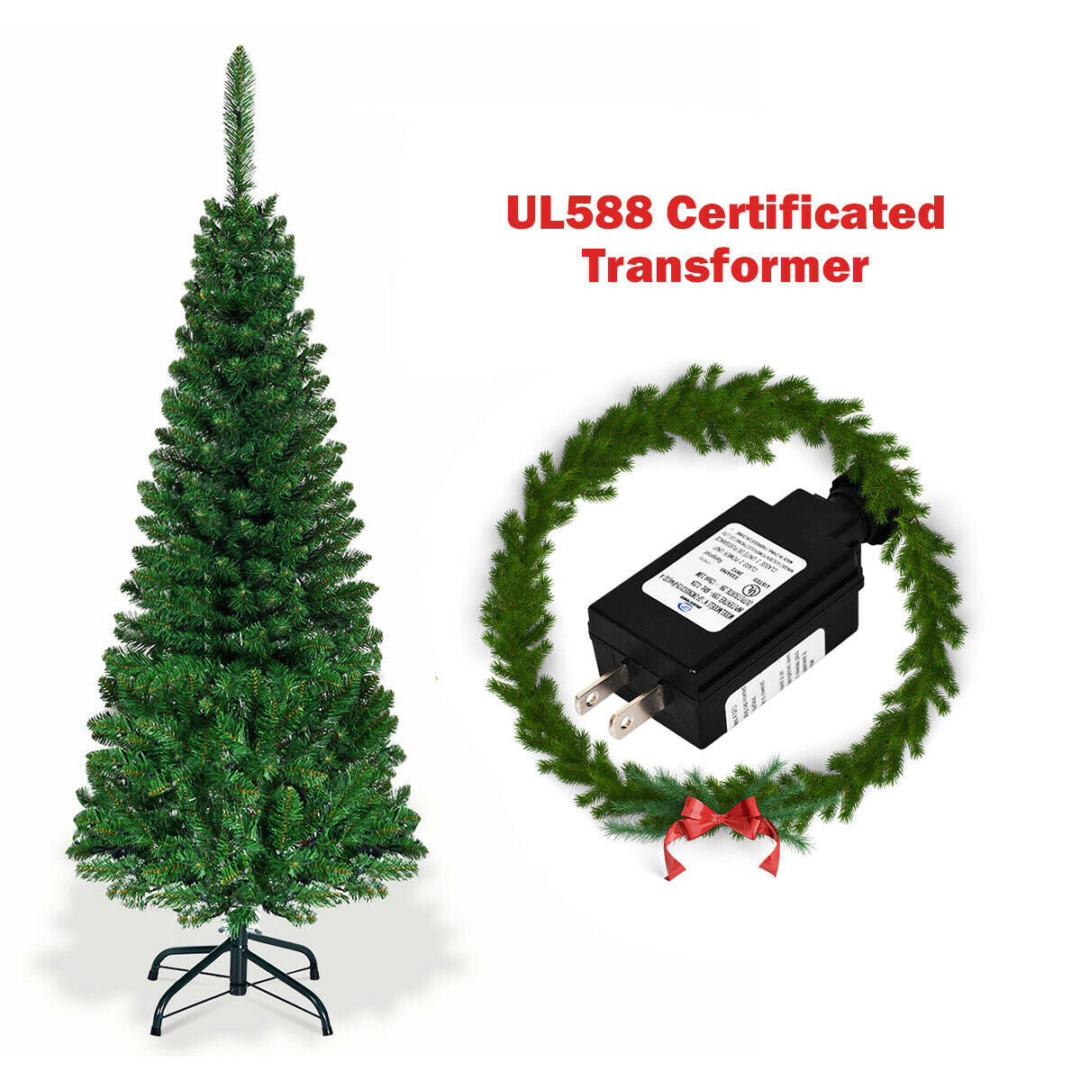 Kingswood Fir Pencil Christmas Tree DirectDeals on a metal stand with UL588 transformer on Tampa Home & Garden Store