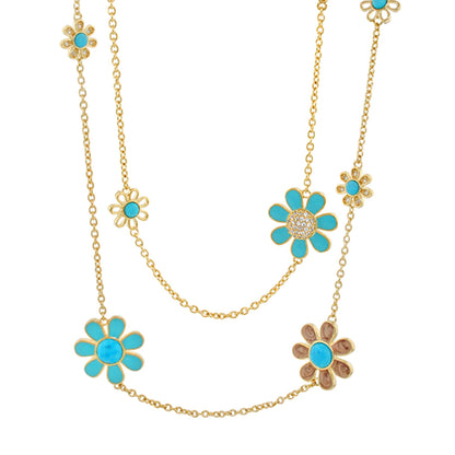 Moon Flower Necklace long gold-tone chain with turquoise flower charms and crystal centers on Tampa Home & Garden Store