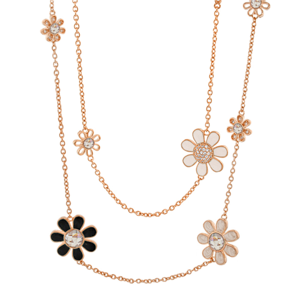 Moon Flower Necklace by Lauren G Adams, long rose-gold chain with five enamel daisy charms on Tampa Home & Garden Store