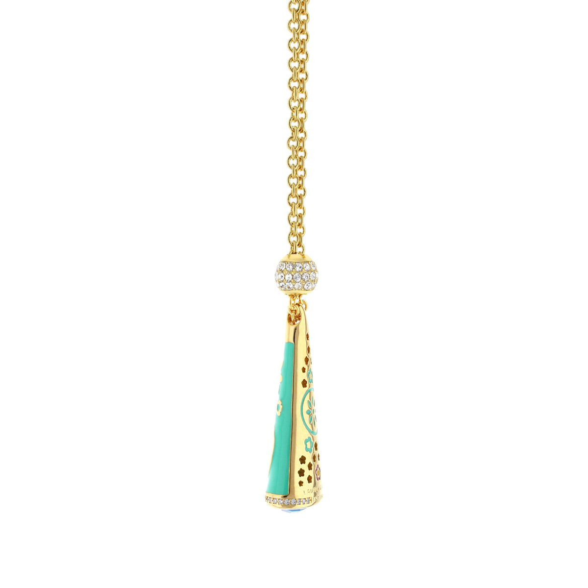 Floral Days Necklace pendant on gold chain with crystal bead and turquoise enamel accents on Tampa Home & Garden Store