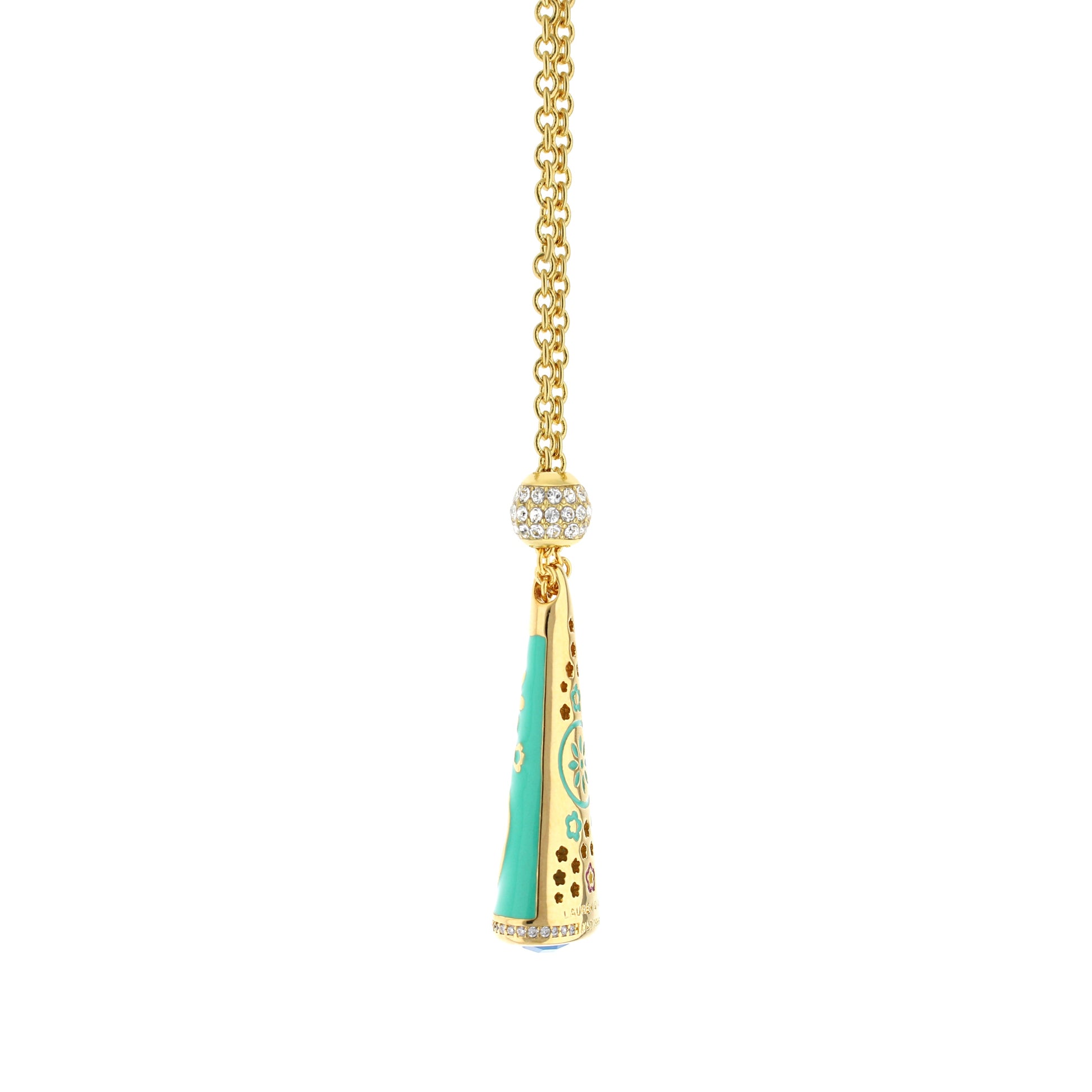 Floral Days Necklace pendant on gold chain with crystal bead and turquoise enamel accents on Tampa Home & Garden Store