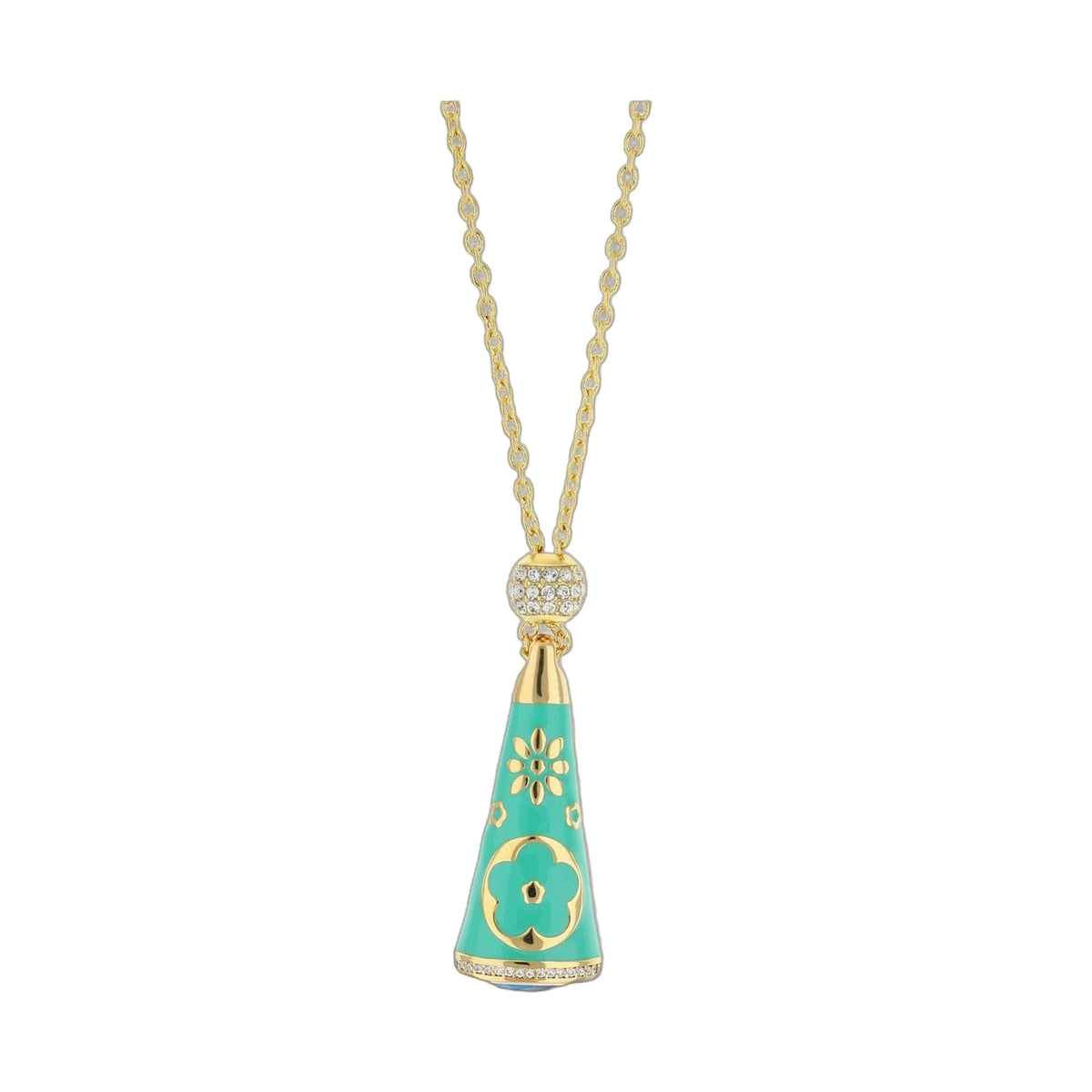 Floral Days Necklace pendant turquoise enamel drop with gold floral accents on Tampa Home & Garden Store