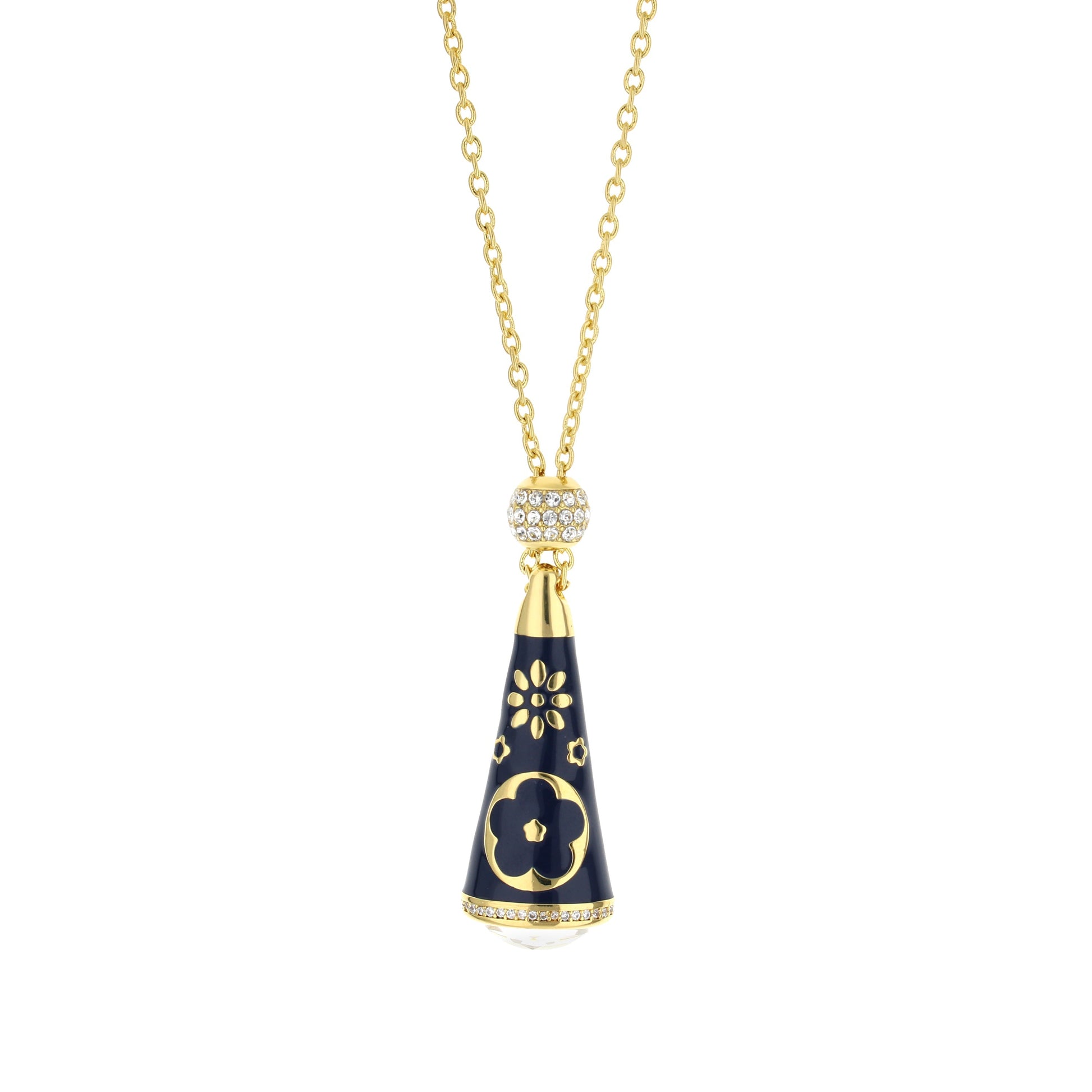 Floral Days Necklace pendant, gold chain with navy enamel teardrop and crystal cap on Tampa Home & Garden Store