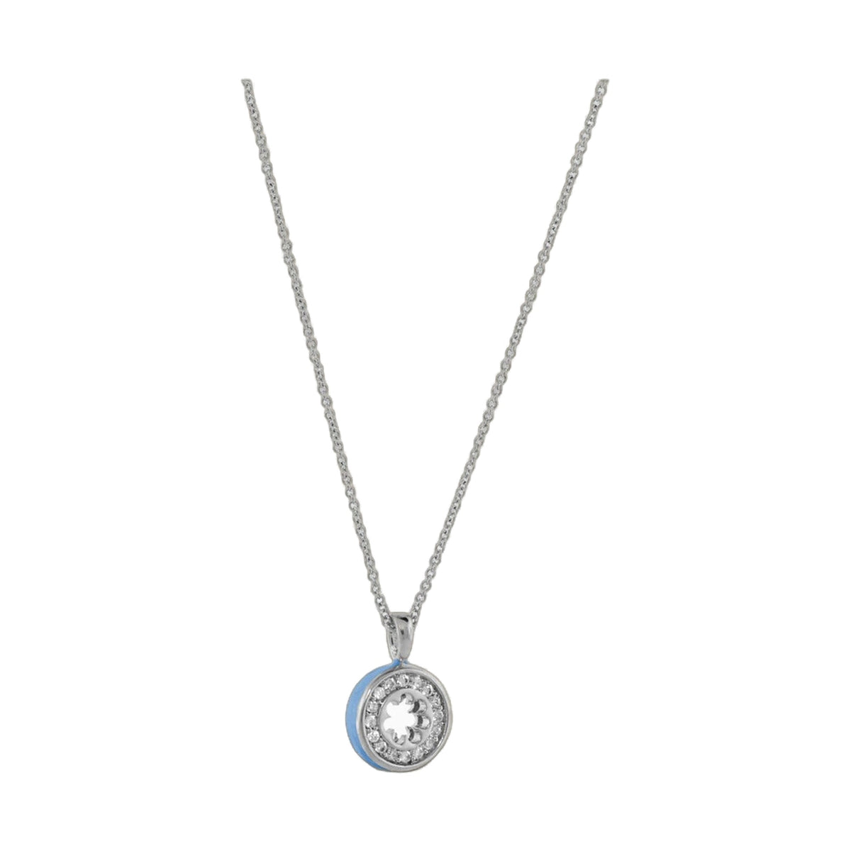 Open Arms Pave Flower Necklace by Lauren G Adams, silver chain with blue enamel rim pendant on Tampa Home & Garden Store