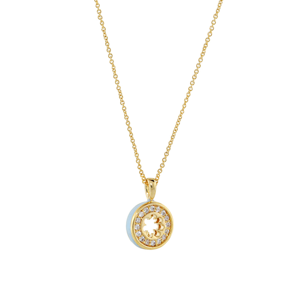 Open Arms Pave Flower Necklace by Lauren G Adams, gold-tone chain with blue enamel edge on Tampa Home & Garden Store