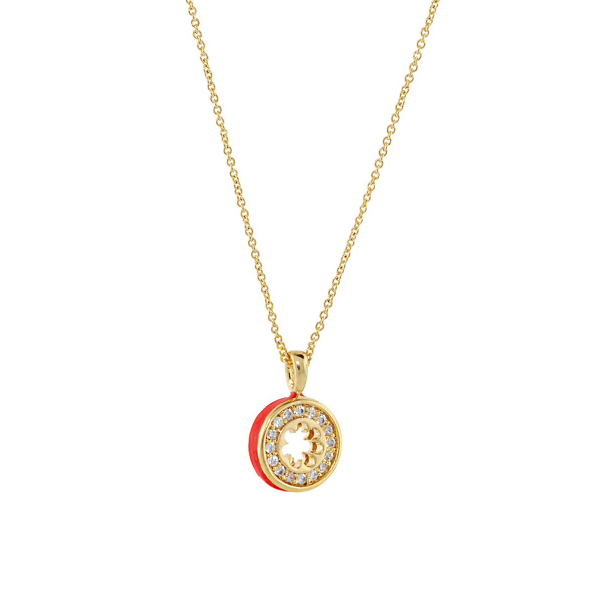 Open Arms Pave Flower Necklace gold tone chain with pavé flower pendant and red enamel on Tampa Home & Garden Store