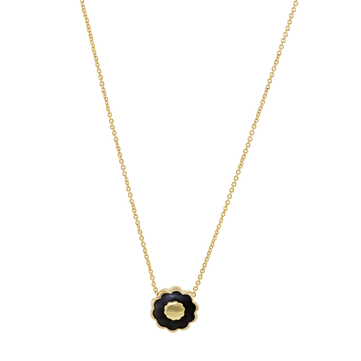 Open Arms Flower Necklace, gold chain with black enamel flower pendant on Tampa Home & Garden Store