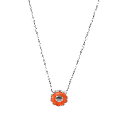 Open Arms Flower Necklace by Lauren G Adams, orange enamel flower pendant on silver chain on Tampa Home & Garden Store