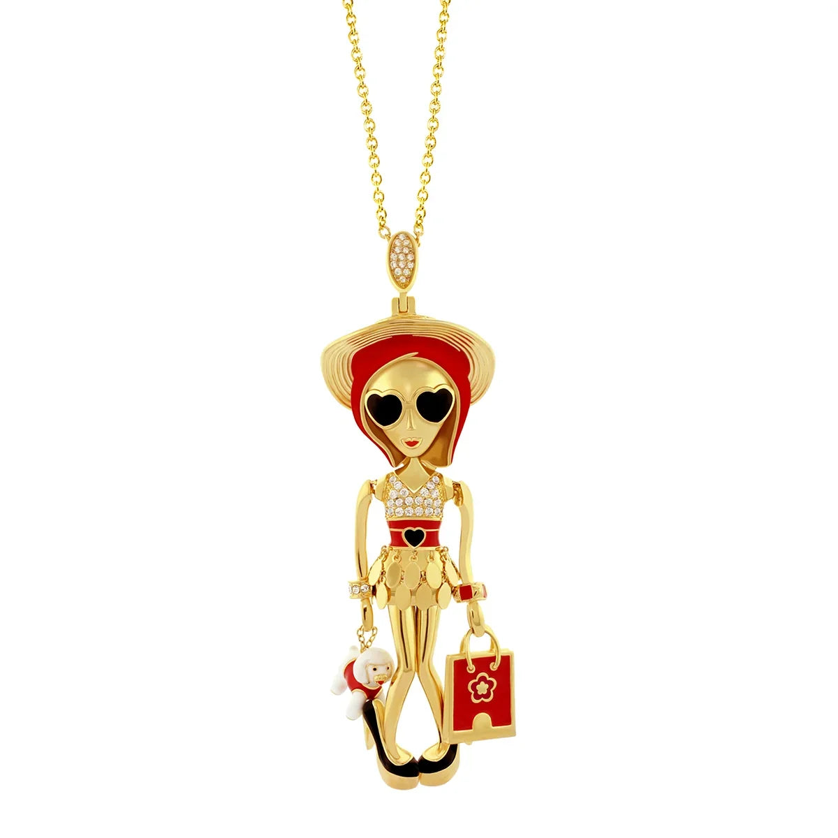 Uptown Girls pendant necklace by Lauren G Adams, gold-tone figure with red hat on Tampa Home & Garden Store