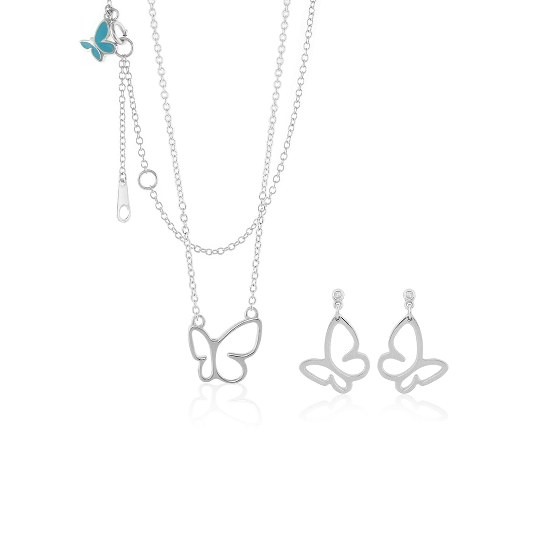 Sydney Leigh Butterfly Necklace & Earrings Set Butterfly Duo silver chains blue charms on Tampa Home & Garden Store