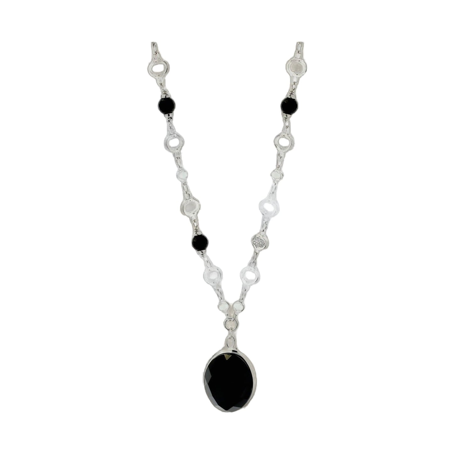 Dragon Lady Necklace pendant in silver with black cabochon centerpiece on chain on Tampa Home & Garden Store