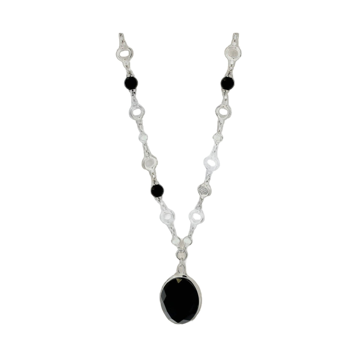 Dragon Lady Necklace pendant in silver with black cabochon centerpiece on chain on Tampa Home & Garden Store