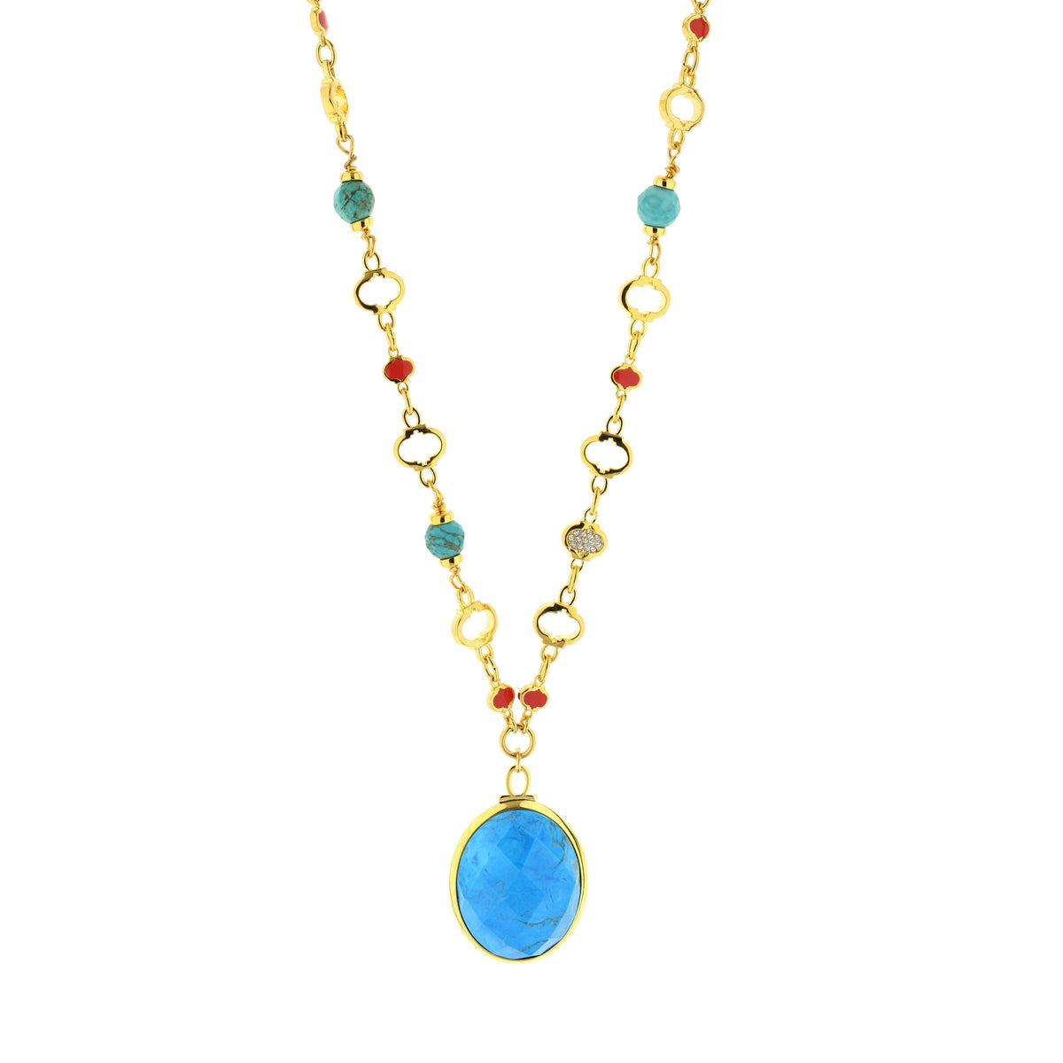 Dragon Lady Necklace pendant gold-tone chain with turquoise beads and blue gemstone pendant on Tampa Home & Garden Store