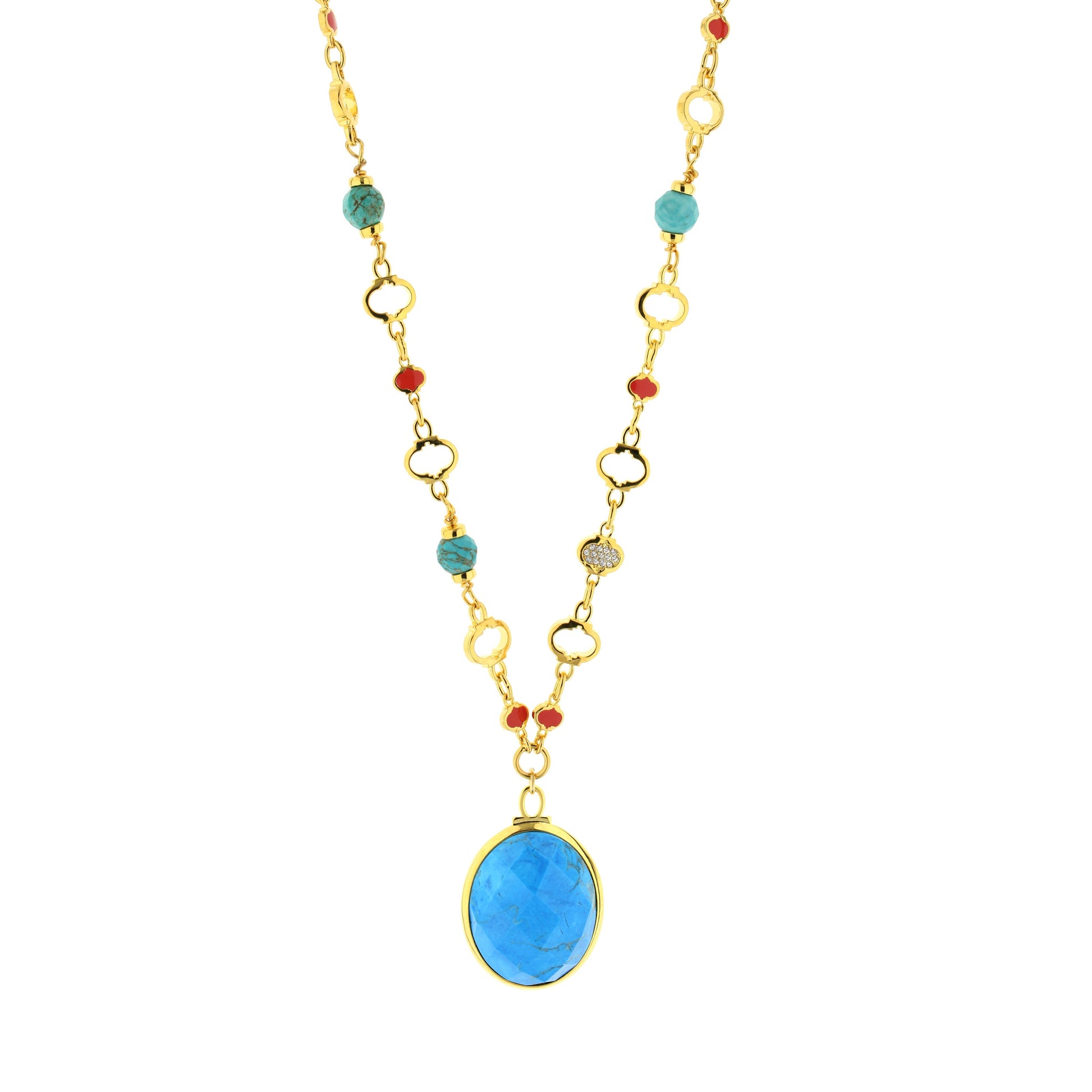 Dragon Lady Necklace pendant gold-tone chain with turquoise beads and blue gemstone pendant on Tampa Home & Garden Store