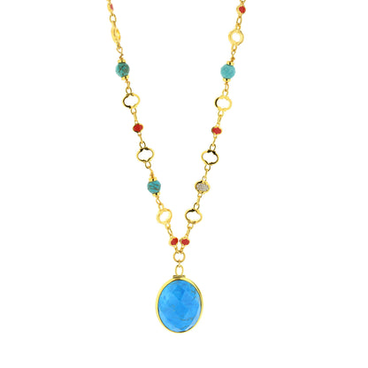 Dragon Lady Necklace pendant gold-tone chain with turquoise beads and blue gemstone pendant on Tampa Home & Garden Store