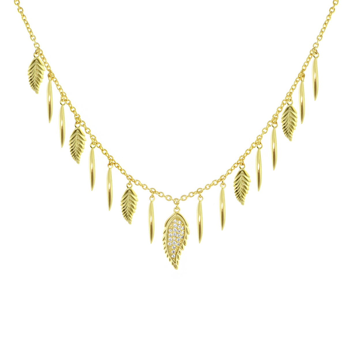 Marilyn Feather Necklace gold necklace with Lauren G Adams leaf charms and crystal pendant on Tampa Home & Garden Store