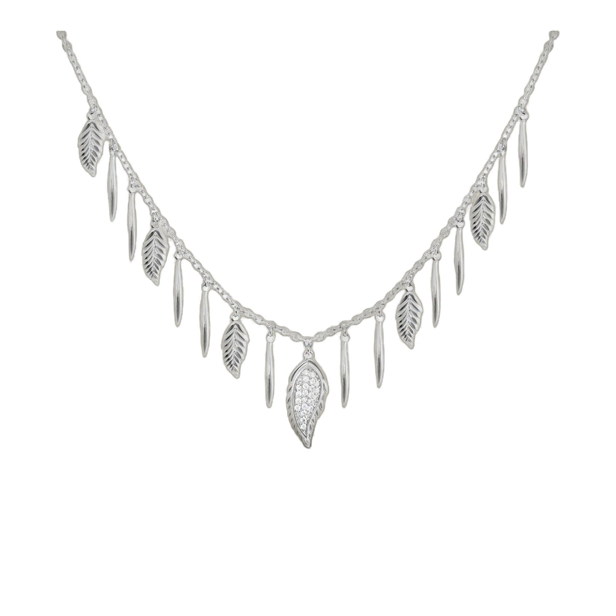 Marilyn Feather Necklace, silver-tone short necklace with leaf charms and crystal drops on Tampa Home & Garden Store