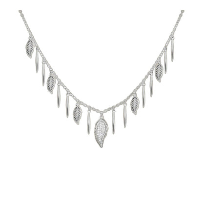 Marilyn Feather Necklace by Lauren G Adams; silver chain with leaf charms and teardrops on Tampa Home & Garden Store