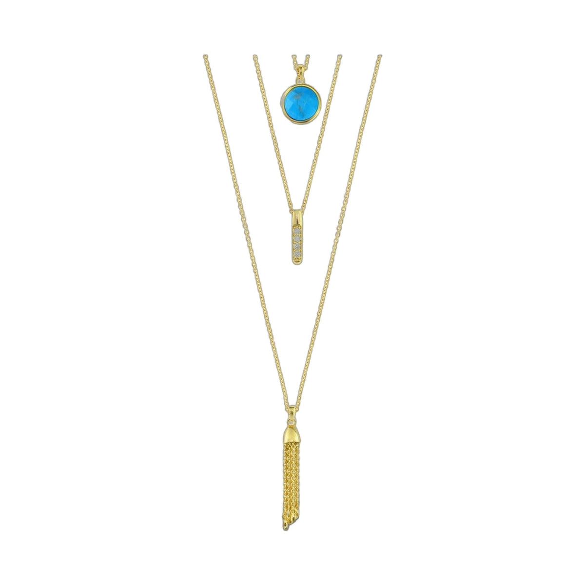Delicato Triple Chain Necklace pendant gold tone with turquoise blue round stone on Tampa Home & Garden Store