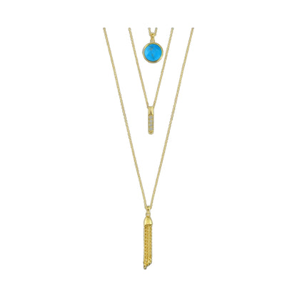 Delicato Triple Chain Necklace pendant gold tone with turquoise blue round stone on Tampa Home & Garden Store
