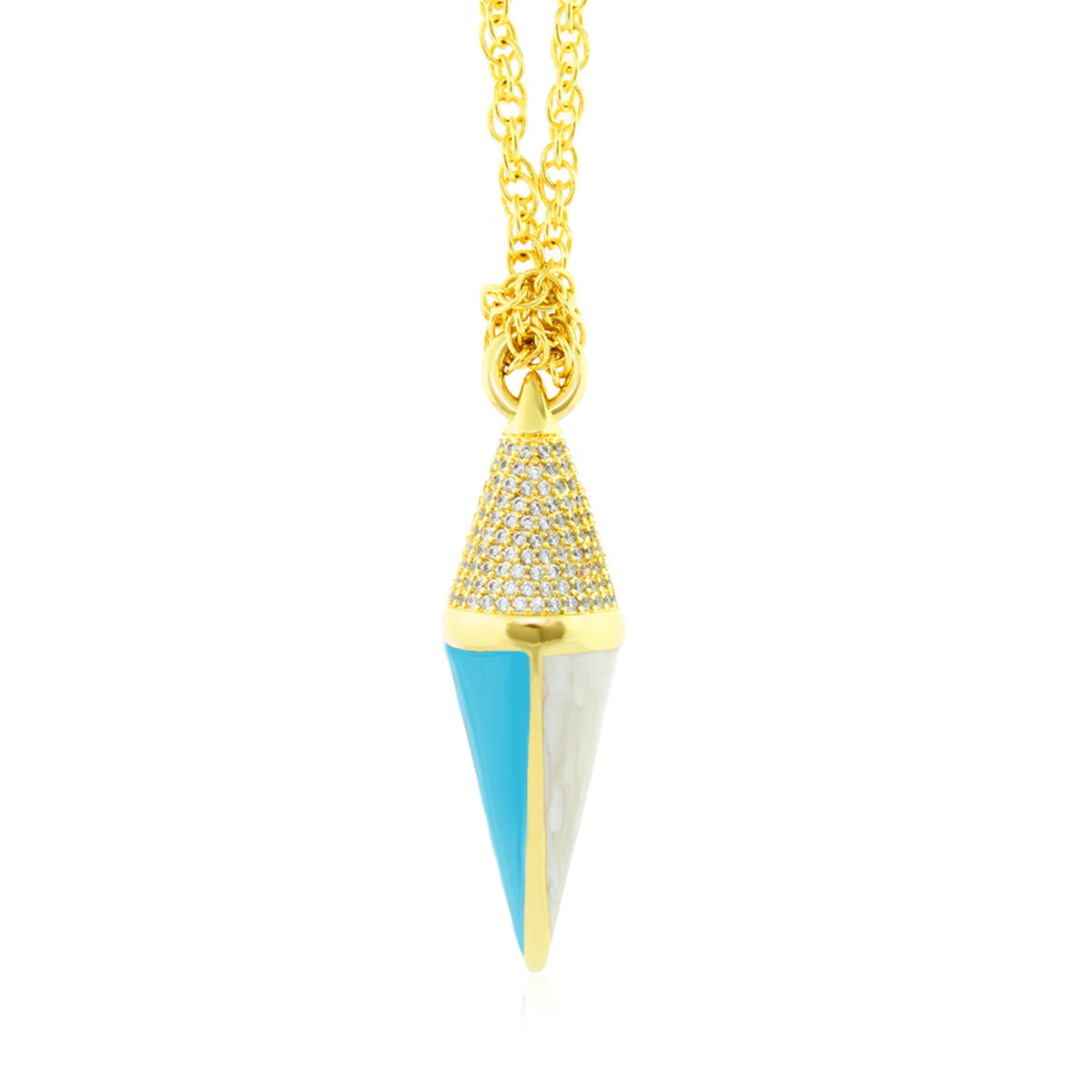 Material Girl Necklace pendant with crystal cone cap and blue-white icicle on gold chain on Tampa Home & Garden Store
