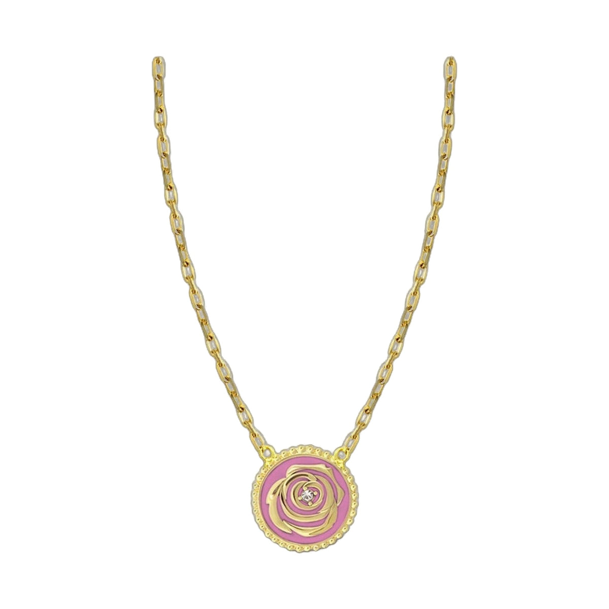 Rosie Passion Necklace gold-tone chain with pink enamel rose pendant in ornate gold frame on Tampa Home & Garden Store