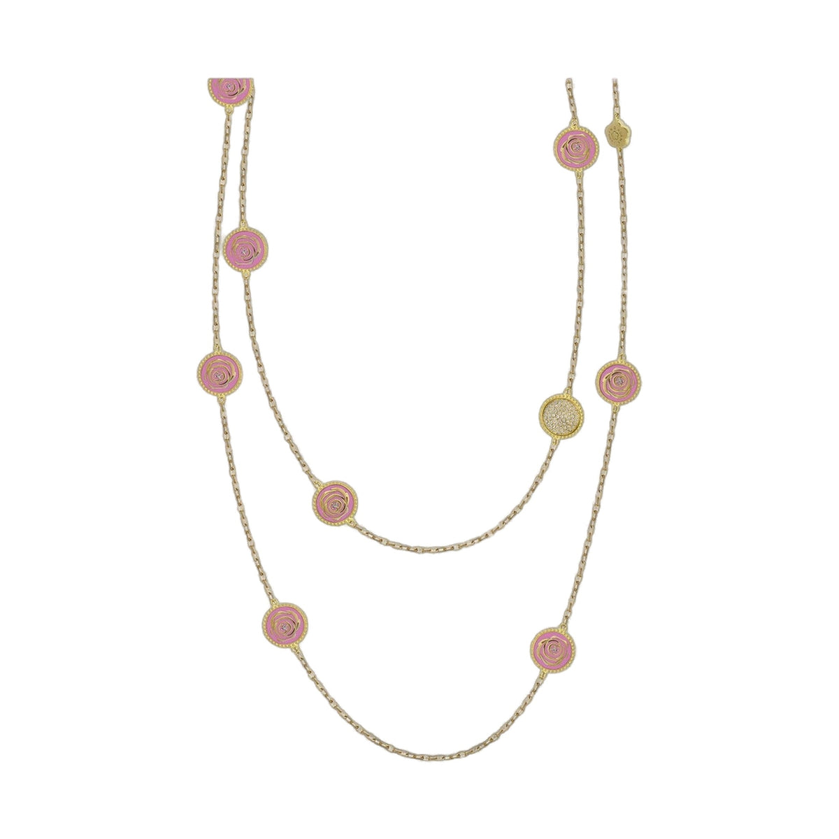 Rosie Passion Long Necklace pink enamel circular charms on gold chain by Lauren G Adams on Tampa Home & Garden Store