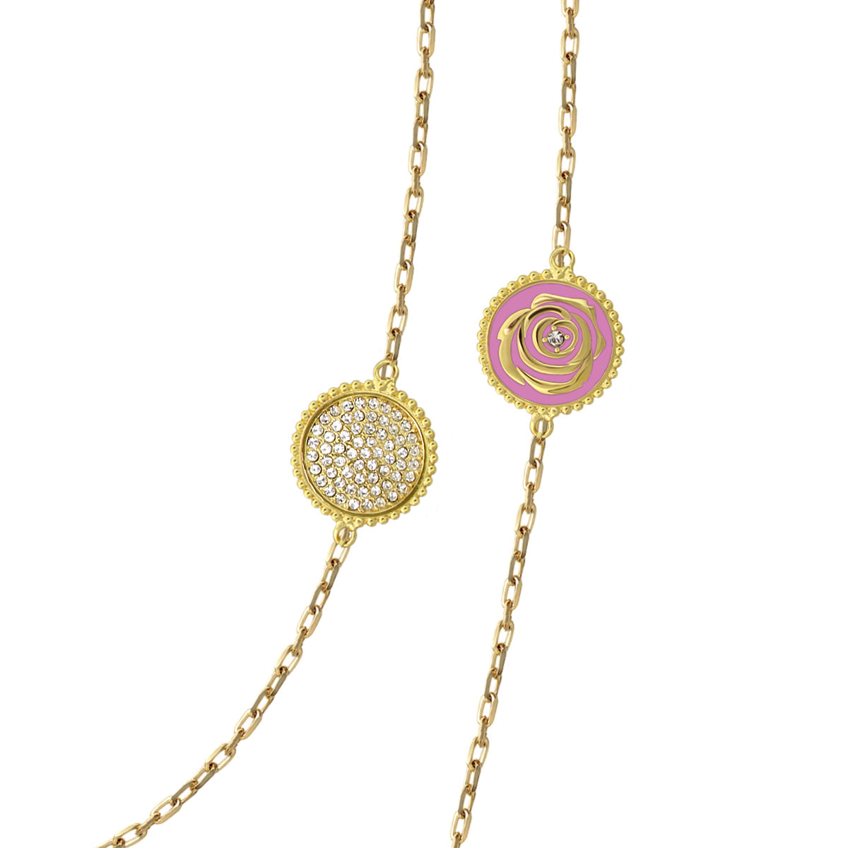 Rosie Passion Long Necklace gold-tone dual-pendant pavé disc pink enamel rose Lauren G Adams on Tampa Home & Garden Store