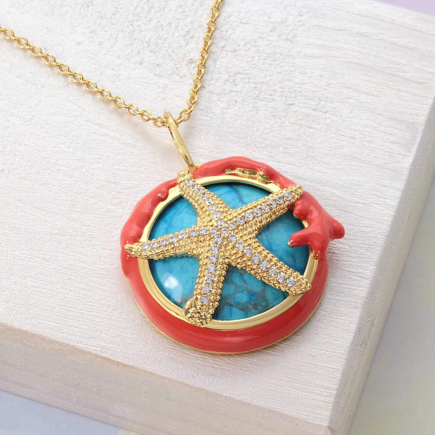 Pretty Little Things Starfish Necklace turquoise cabochon gold-tone starfish on Tampa Home & Garden Store