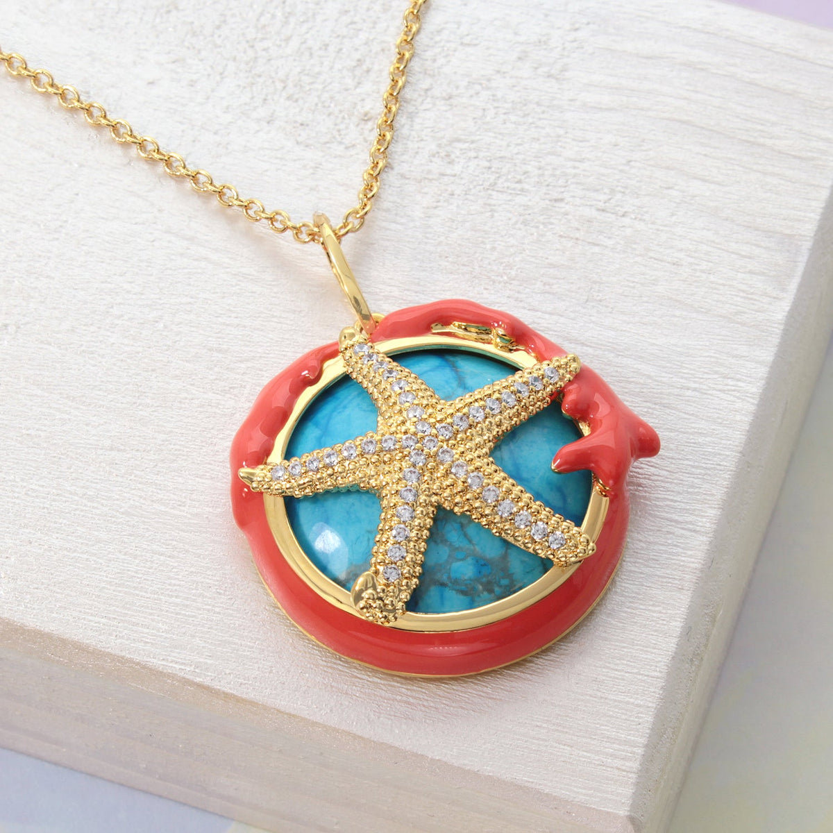 Pretty Little Things Starfish Necklace turquoise cabochon gold-tone starfish on Tampa Home & Garden Store