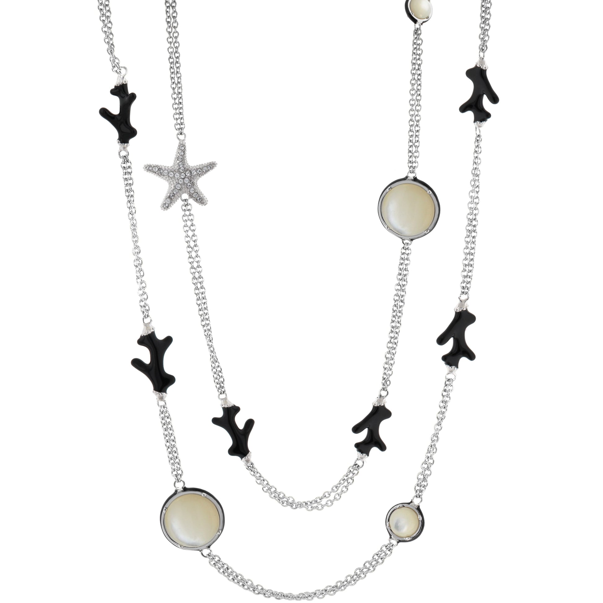Pretty Little Things Coral Long Necklace with coral charms and pearl discs on silver chains on Tampa Home & Garden Store