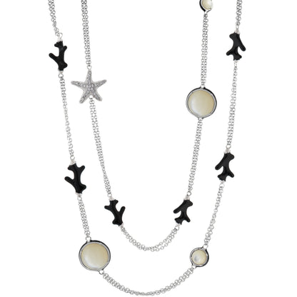 Pretty Little Things Coral Long Necklace with coral charms and pearl discs on silver chains on Tampa Home & Garden Store