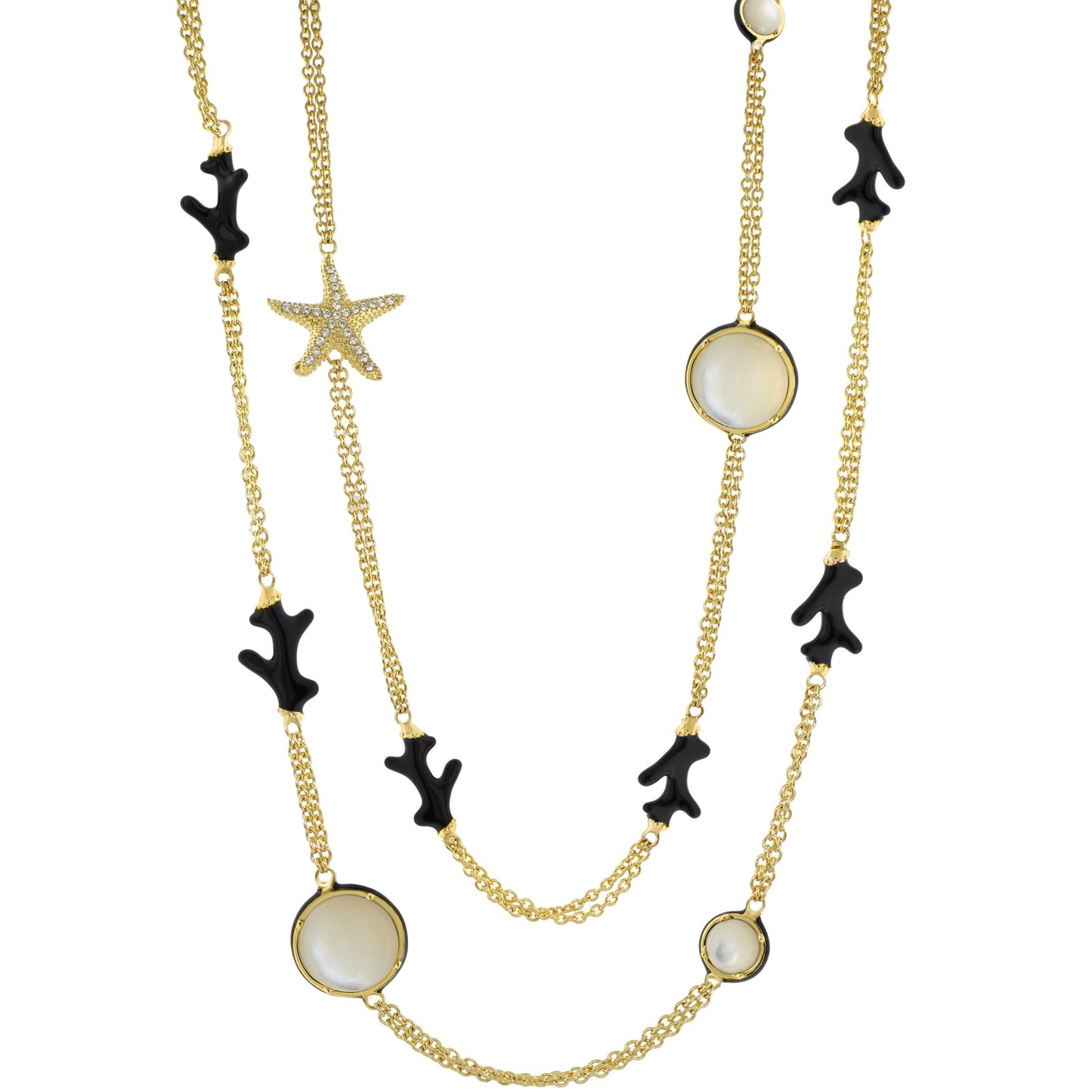 Pretty Little Things Coral Long Necklace trio of gold chains with black coral charms on Tampa Home & Garden Store