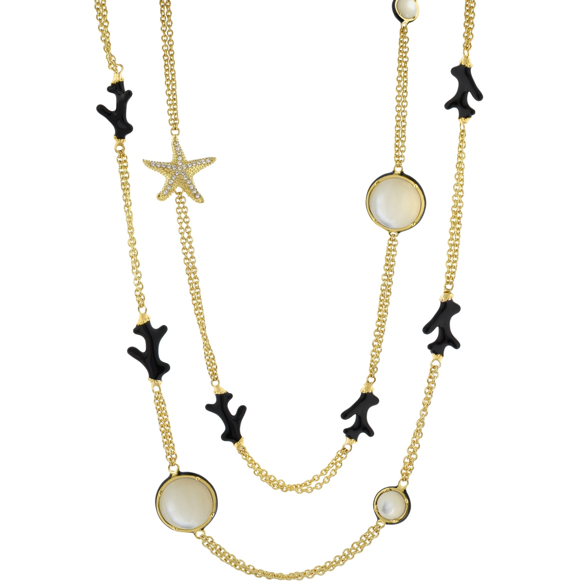 Pretty Little Things Coral Long Necklace trio of gold chains with black coral charms on Tampa Home & Garden Store