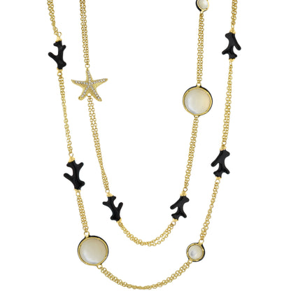 Pretty Little Things Coral Long Necklace trio of gold chains with black coral charms on Tampa Home & Garden Store