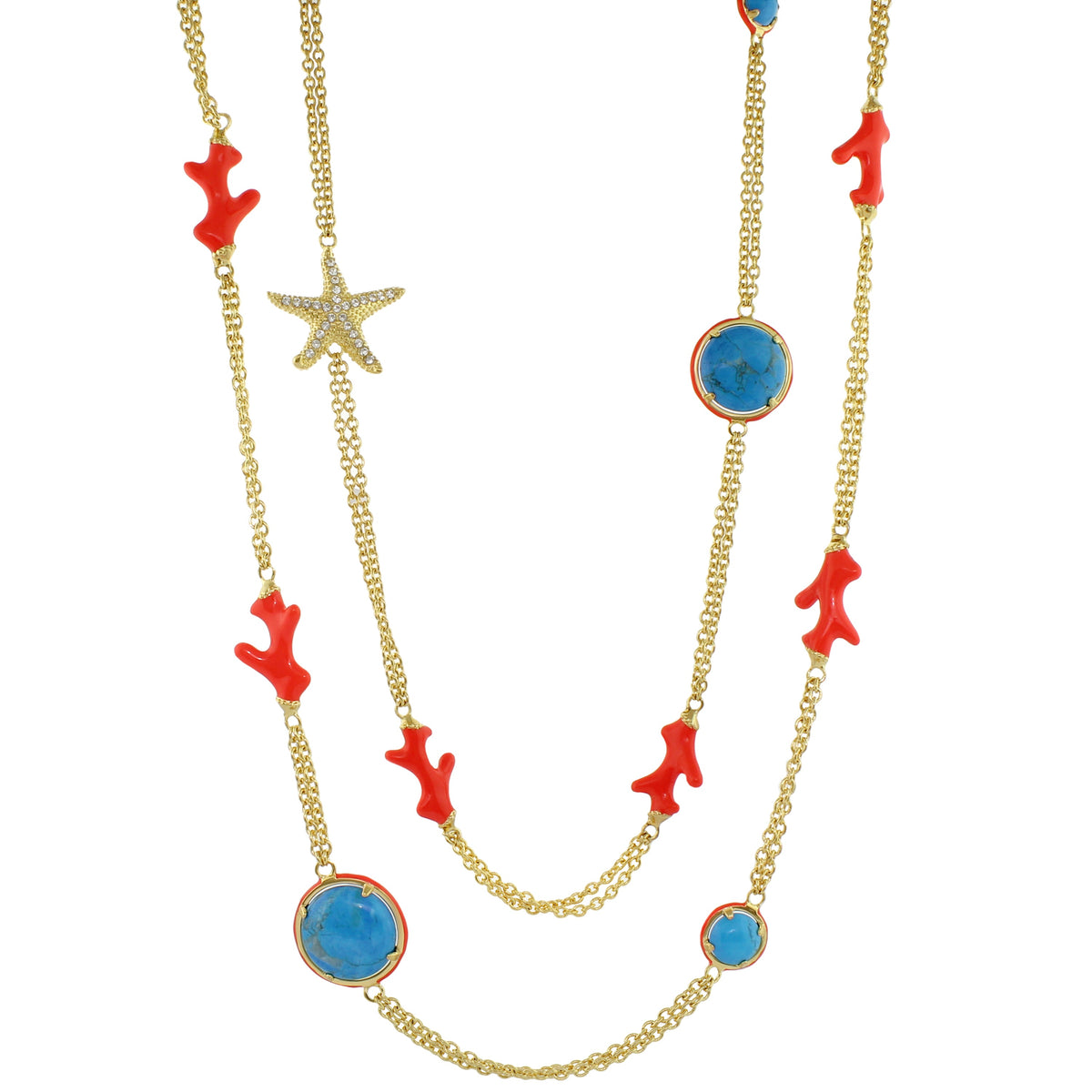 Pretty Little Things Coral Long Necklace gold-tone chain red coral turquoise Lauren G Adams on Tampa Home & Garden Store