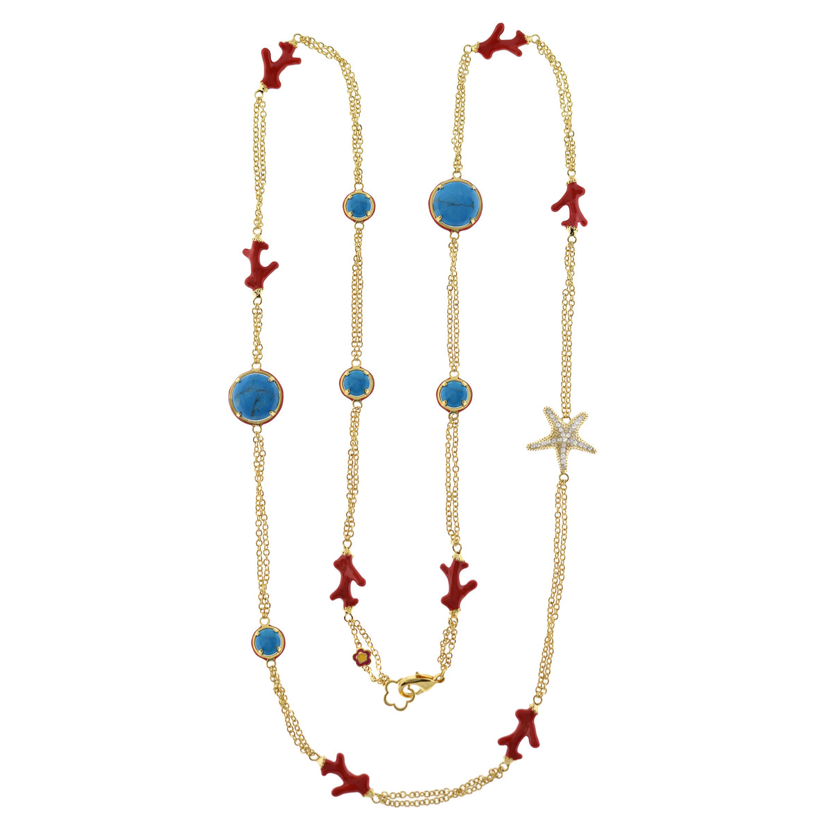 Pretty Little Things Coral Long Necklace goldtone chain with turquoise and red coral accents on Tampa Home & Garden Store